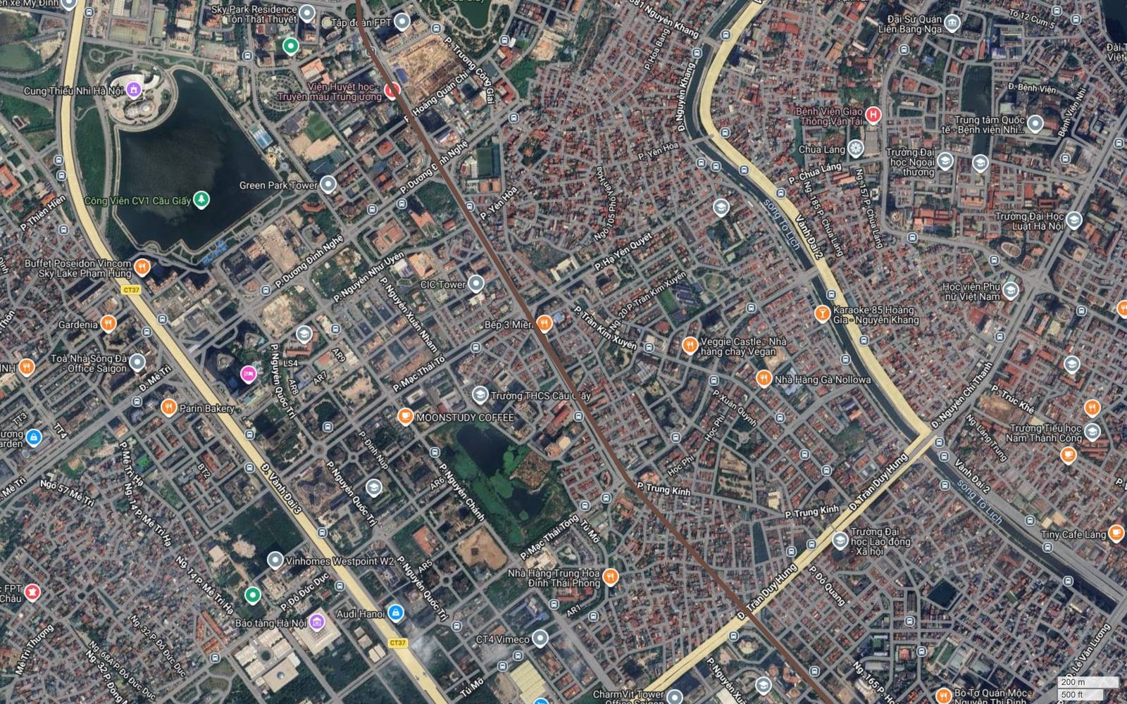 Địa bàn Yên Hòa và Trung Kính trên tuyến metro số 7 Hà Nội, hành lang cắt chéo lưới phố gần CIC Tower và Trường THCS Cầu Giấy